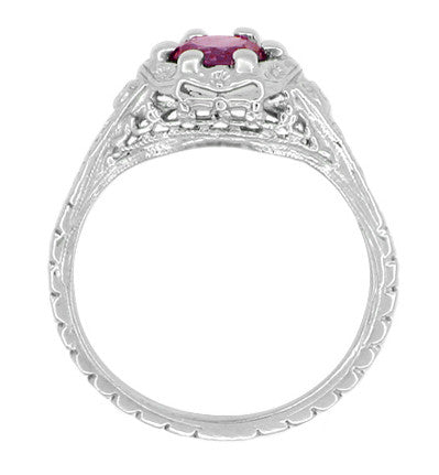 Art Deco Filigree Flowers Rhodolite Garnet Engagement Ring in 14 Karat White Gold - Item: R706WRG - Image: 3