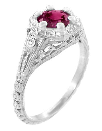 Art Deco Filigree Flowers Rhodolite Garnet Engagement Ring in 14 Karat White Gold - Item: R706WRG - Image: 2