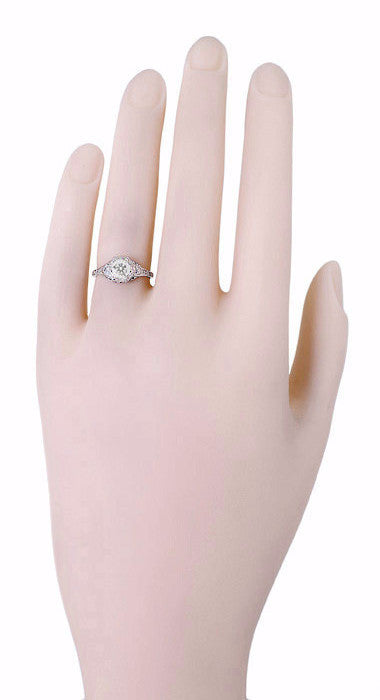 Art Deco Filigree Flowers Vintage Style White Sapphire Engagement Ring in 14K White Gold - Item: R706WWS - Image: 4