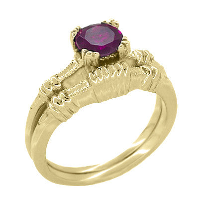 1920's Art Deco Solitaire "Hearts and Clovers" Yellow Gold Rhodolite Garnet Engagement Ring - Item: R707YRG - Image: 3