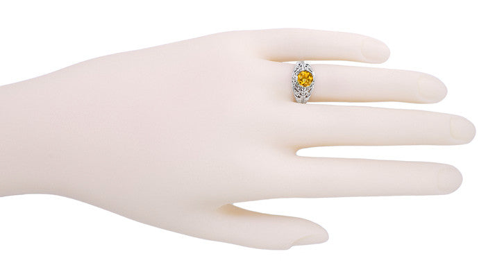 Edwardian Citrine Filigree Engagement Ring in 14 Karat White Gold - November Birthstone - Item: R712 - Image: 3