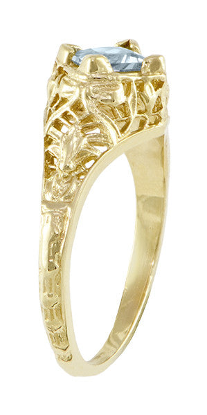 Edwardian Floral Filigree Square Aquamarine Engagement Ring in 14K Yellow Gold - Item: R713YA - Image: 3