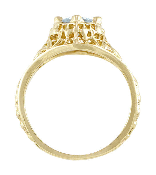 Edwardian Floral Filigree Square Aquamarine Engagement Ring in 14K Yellow Gold - Item: R713YA - Image: 5
