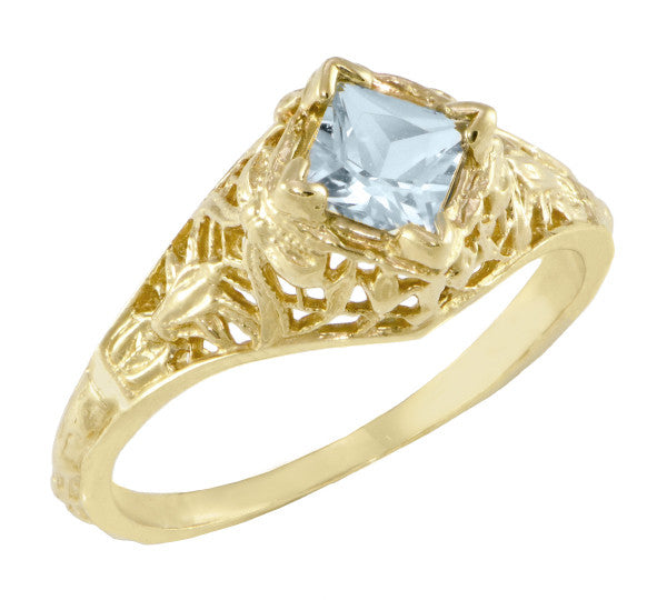 Floral Filigree Edwardian Antique Princess Cut Square Aquamarine Engagement Ring in Yellow Gold - R713YA