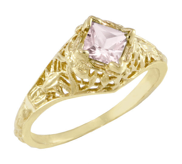 Edwardian Floral Filigree Yellow Gold Vintage Square Princess Cut Morganite Engagement Ring - R713YM
