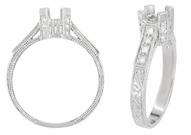 Art Deco Castle 1/3 Carat Diamond Filigree Engagement Ring Semi-Mount in 18 Karat White Gold - Item: R714 - Image: 2