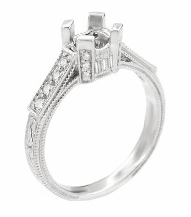 Art Deco Castle 1/3 Carat Diamond Filigree Engagement Ring Semi-Mount in 18 Karat White Gold