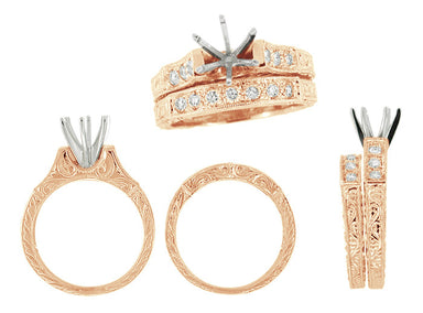 Art Deco Engraved Scrolls 14 Karat Rose Gold 3/4 Carat Diamond Engagement Ring Semimount and Diamond Wedding Ring - alternate view