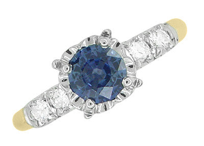 1950's Vintage Style Mid Century Cornflower Blue Sapphire Engagement Ring with Side Diamonds in Mixed Metal 14K Yellow & White Gold - Item: R728 - Image: 3