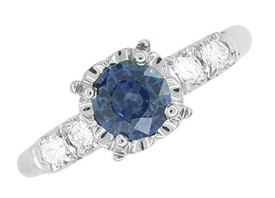 1950's Vintage Inspired Cornflower Blue Sapphire Engagement Ring in 14 Karat White Gold with Diamonds - Item: R728W - Image: 3