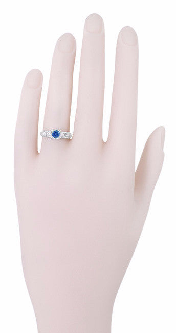 1950's Vintage Inspired Cornflower Blue Sapphire Engagement Ring in 14 Karat White Gold with Diamonds - Item: R728W - Image: 5