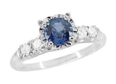 1950's Vintage Inspired Cornflower Blue Sapphire Engagement Ring in 14 Karat White Gold with Diamonds - Item: R728W - Image: 2