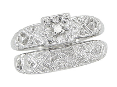 Art Deco Antique Wedding Ring and Clover Engagement Ring Set in 14 Karat White Gold - alternate view