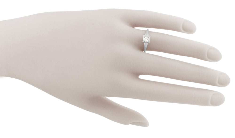 Charlota 1950's Retro Moderne Vintage Solitaire Diamond Engagement Ring in 18 Karat White Gold - Item: R764 - Image: 4