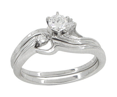 Flowing Waves Diamond Vintage Wedding and Engagement Ring Set in 14 Karat White Gold - Item: R781 - Image: 4