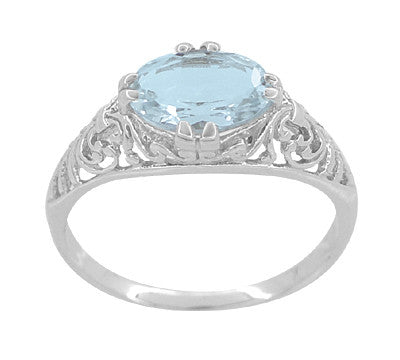 Edwardian Oval Aquamarine Filigree Engagement Ring in 14 Karat White Gold | Fleur de Lys - Item: R799A - Image: 4
