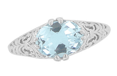 Edwardian Oval Aquamarine Filigree Engagement Ring in 14 Karat White Gold | Fleur de Lys - Item: R799A - Image: 5