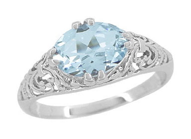 Edwardian Oval Aquamarine Filigree Engagement Ring in 14 Karat White Gold | Fleur de Lys - alternate view
