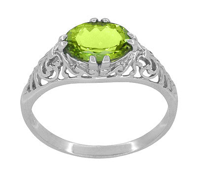 East to West Oval Peridot Filigree Edwardian Engagement Ring in 14 Karat White Gold - Item: R799PER - Image: 3