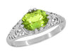East to West Oval Peridot Filigree Edwardian Engagement Ring in 14 Karat White Gold
