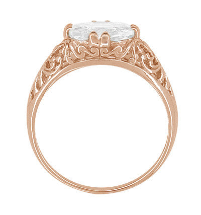 Edwardian Oval White Sapphire Filigree Engagement Ring in 14 Karat Rose Gold ( Pink Gold ) - Item: R799RWS - Image: 4