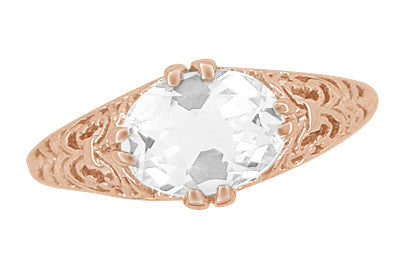 Edwardian Oval White Sapphire Filigree Engagement Ring in 14 Karat Rose Gold ( Pink Gold ) - Item: R799RWS - Image: 5