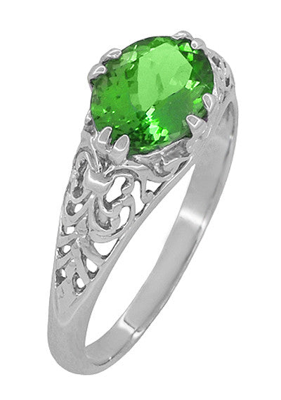 Oval Tsavorite Garnet Edwardian Filigree Engagement Ring in 14 Karat White Gold - Item: R799TS - Image: 3