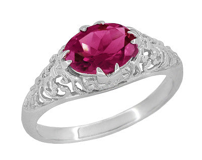 Edwardian Oval Rubellite Tourmaline Filigree East West Antique Ring in 14K White Gold - R799WPT