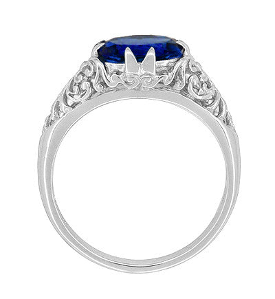 Filigree Edwardian Oval Blue Sapphire Engagement Ring in 14 Karat White Gold - Item: R799WS - Image: 3