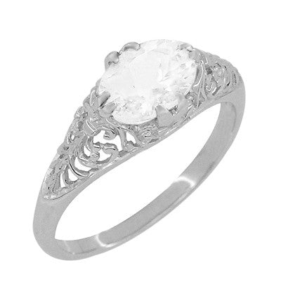 East West White Sapphire Filigree Edwardian Engagement Ring in 14 Karat White Gold - Item: R799WWS - Image: 2