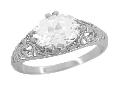 Edwardian Oval White Topaz Antique Style Filigree Engagement Ring in 14 Karat White Gold