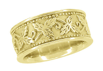 Grapes and Grape Leaves 8mm Wide Heavy Wedding Band in 14 Karat Yellow Gold - Item: R806Y - Image: 2