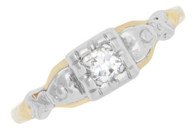 Art Deco Pansy Flowers Mixed Metals Vintage Diamond Engagement Ring in 14K Two Tone White & Yellow Gold - alternate view