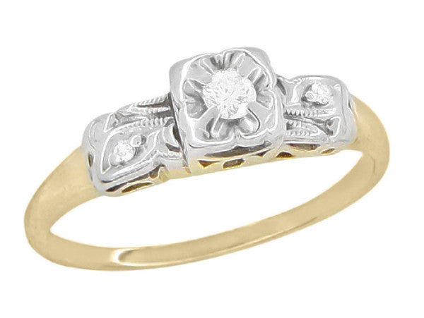 1940's Vintage Pansy Flower Diamond Engagement Ring in Two Tone 14 Karat Yellow and White Gold - Item: R837 - Image: 2
