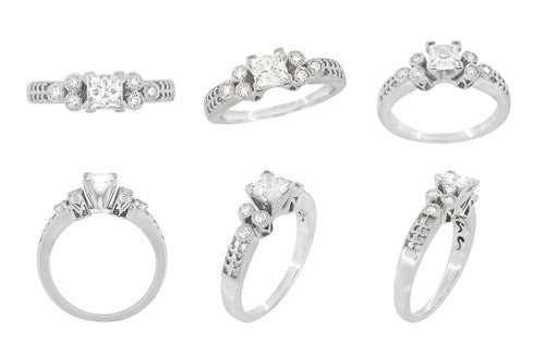 Art Deco Fleur De Lis Princess Cut 1 Carat Diamond Engagement Ring Setting in 14 Karat White Gold - Item: R8411 - Image: 8