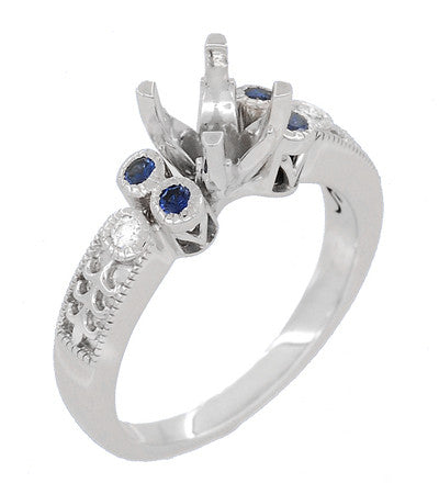 Art Deco Side Sapphires and Diamonds 1 Carat Engagement Ring Mounting with Engraved Fleur De Lis in 14 Karat White Gold for a 6mm to 6.5mm Stone - Item: R8411RS - Image: 2