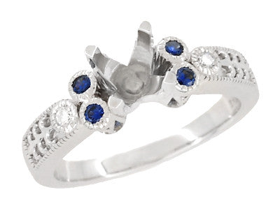 Antique Style 3/4 Carat Diamond and Sapphire Heirloom Engraved Fleur De Lis Engagement Ring Mounting in 14 Karat White Gold - Item: R841RS - Image: 2