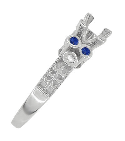 Eternal Stars Sapphire Side Stones Engraved Fleur De Lis Engagement Ring Mounting for a 3/4 Carat Princess Cut Diamond  in 14 Karat White Gold - Item: R841S - Image: 6