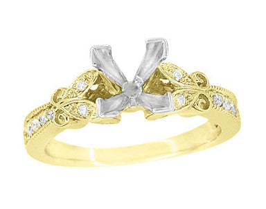 Art Deco Filigree Twin Butterflies Yellow Gold 3/4 Carat Princess Cut Diamond Engagement Ring Setting - alternate view