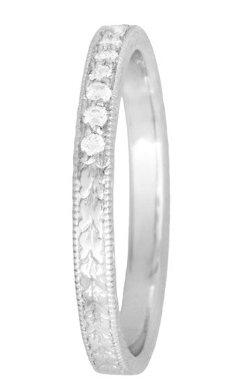 Art Deco Diamond Engraved Wheat Wedding Band in 14 or 18 Karat White Gold - Item: R858W14D-LC - Image: 3