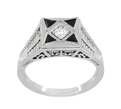 Art Deco Engraved Filigree 4 Stone Blue Sapphire and Diamond Antique Style Ring in 18 Karat White Gold - Item: R862 - Image: 3
