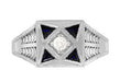 Art Deco Engraved Filigree 4 Stone Blue Sapphire and Diamond Antique Style Ring in 18 Karat White Gold