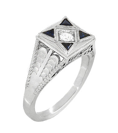 Art Deco Engraved Filigree 4 Stone Blue Sapphire and Diamond Antique Style Ring in 18 Karat White Gold - Item: R862 - Image: 2