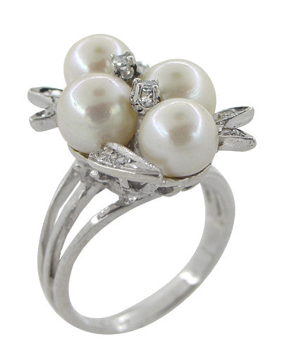 Vintage Pearl and Diamond Retro Moderne Cluster Cocktail Ring in 14 Karat White Gold - Item: R864 - Image: 2