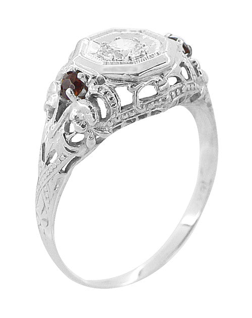 Edwardian Filigree Garnet and Diamond Vintage Engagement Ring in 18 Karat White Gold - Item: R865 - Image: 2