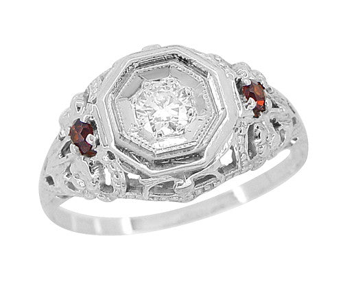 Edwardian Filigree Garnet and Diamond Vintage Engagement Ring in 18 Karat White Gold