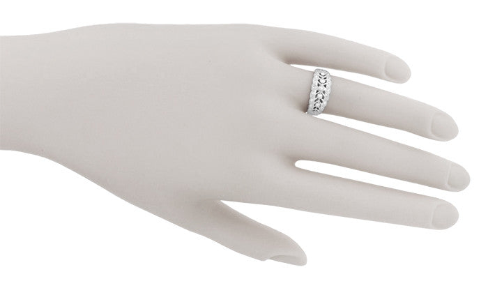 Womans Hand with Amelia Art Deco Filigree Scalloped Wide Vintage Diamond Wedding Band in 14K White Gold - R971W