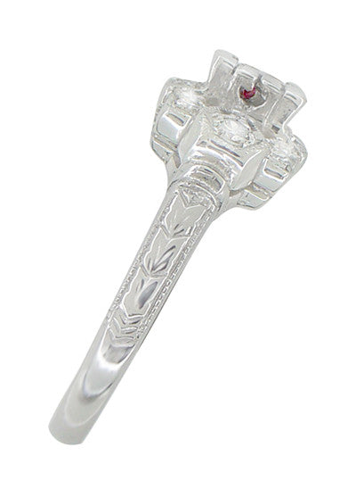 Ruby and Diamond Art Deco 18 Karat White Gold Shield Engagement Ring - Item: R880 - Image: 3