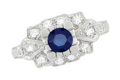 Art Deco Blue Sapphire and Diamonds Engagement Ring in 18 Karat White Gold - Item: R880S - Image: 2