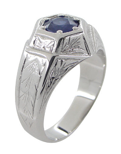 Art Deco Geometric Hexagonal Mens Blue Sapphire Ring in 14 Karat White Gold - Item: R881WS - Image: 3
